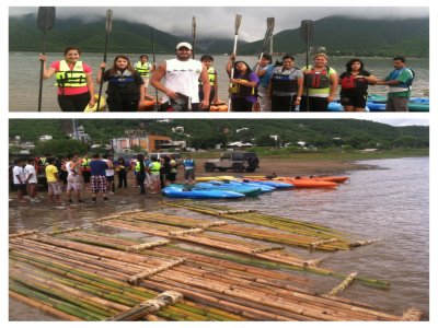 Atravessando a Barragem de Santiago em canoa de bambu