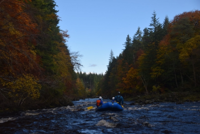 un grupo divirtiéndose mientras hace rafting rodeado por el bosque escocés