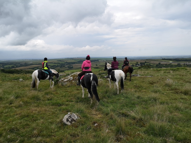  Grupo de 4 jinetes disfrutando de la vista mientras los caballos descansan.