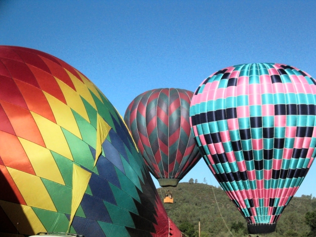  Tres globos de colores volando sobre el bosque