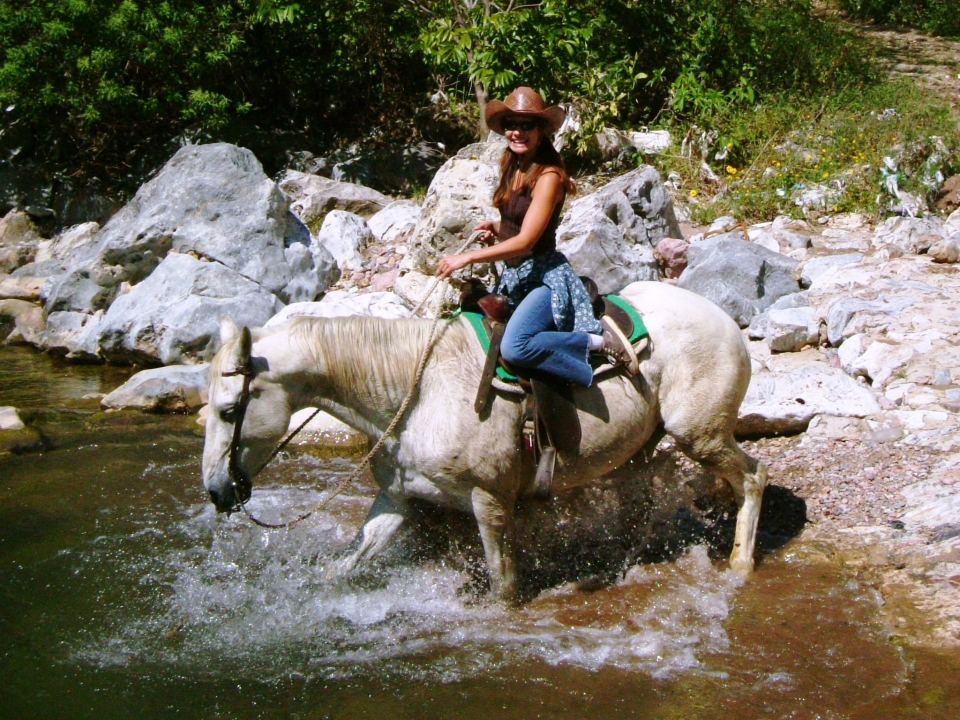  Mujer subiendo un caballo blanco 