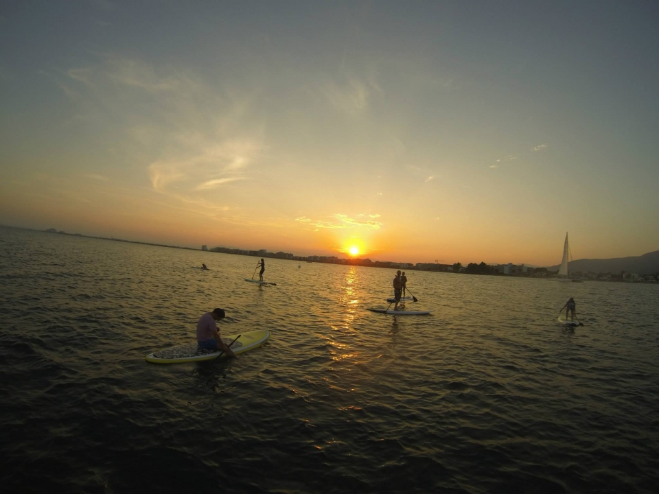 grupo haciendo paddle board al atardecer grupo haciendo paddle board al atardecer
