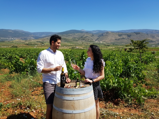 Pareja disfrutando de camarra de vinos