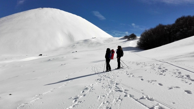 camicrema con raquetas de nieve en compañía 