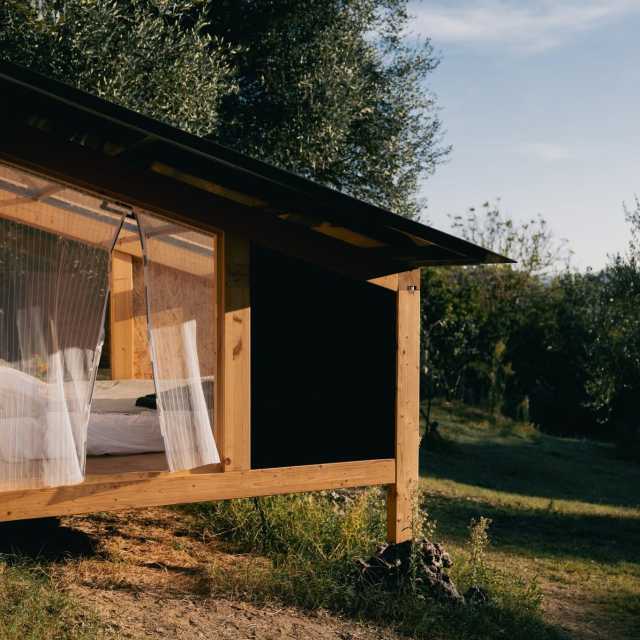  Cortinas blancas y una cama entre los olivos 