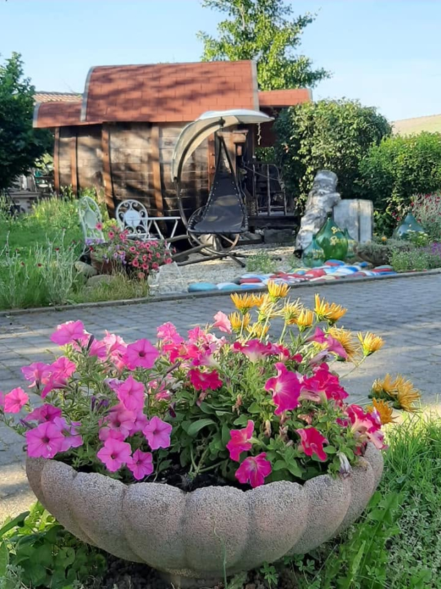  El barril entre las flores del jardín 