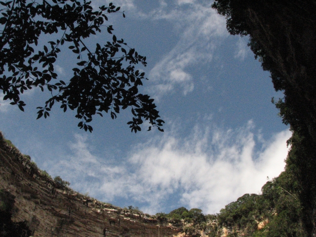  view of the rappelling from the bottom of the chasm 