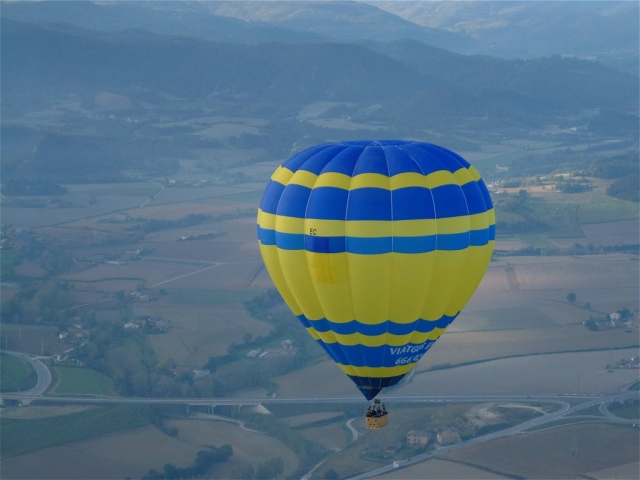  Fliegen in einem blau-gelben Ballon