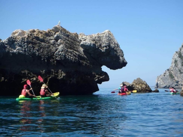 El grupo en la ruta con los kayaks