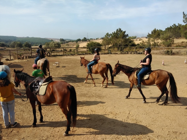 Grupo de amigos subiendo a caballo