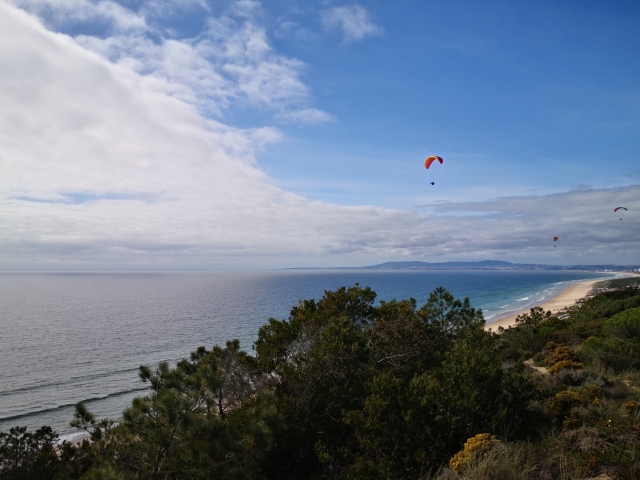 Un parapenle de lejos, en primer plano acantilados infinitos