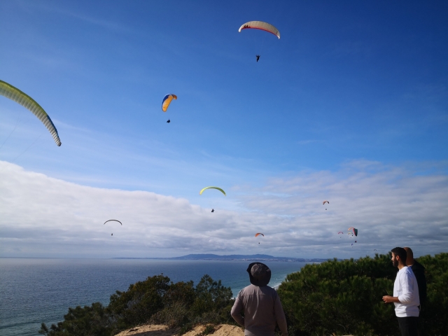 Lluvia de parapentes en el cielo azul
