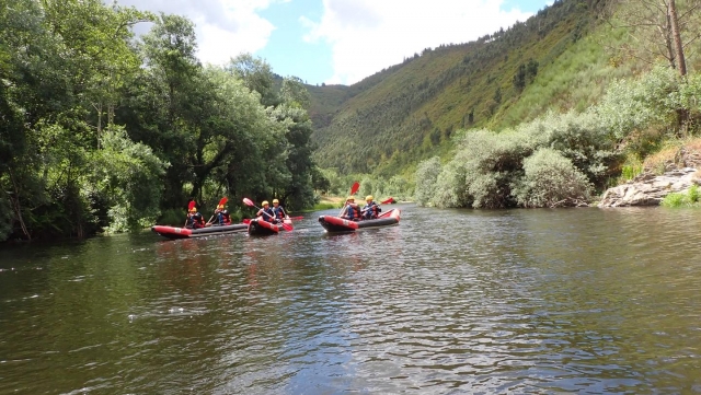 Tres piraguas por un tramo calmado del río