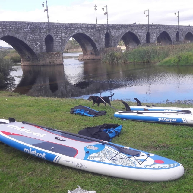 Tablas y palas en la hierba al lado de un puente