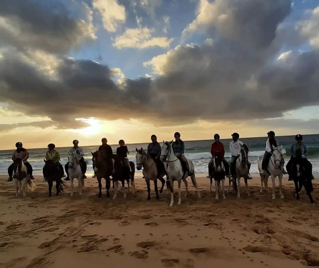 Día de excursión a caballo por la playa bajo un bonito cielo nublado