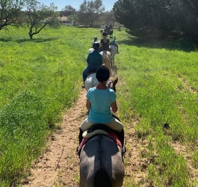 Una larga fila de usuarios a caballo siguiendo el sendero