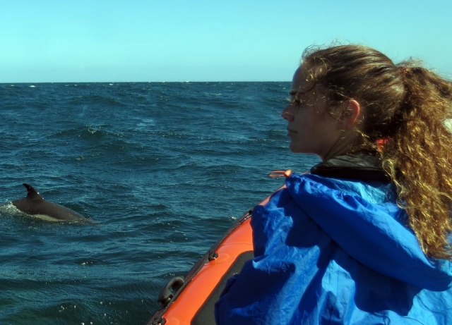 Una niña pequeña se asoma al extremo de la embarcación para presenciar la danza de los delfines