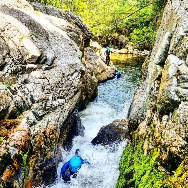 Diapositiva en toboganes naturales -9999- sumergiéndose en el agua del cañón de la nacido 