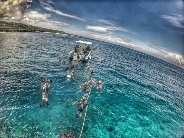  En el agua clara, al lado del barco